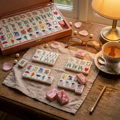 Friends playing American Mahjong with the pink floral tile set