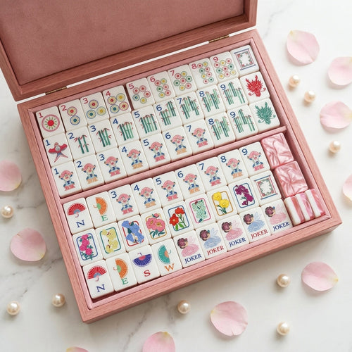 Pink floral American Mahjong set with 160 glossy tiles arranged in its case