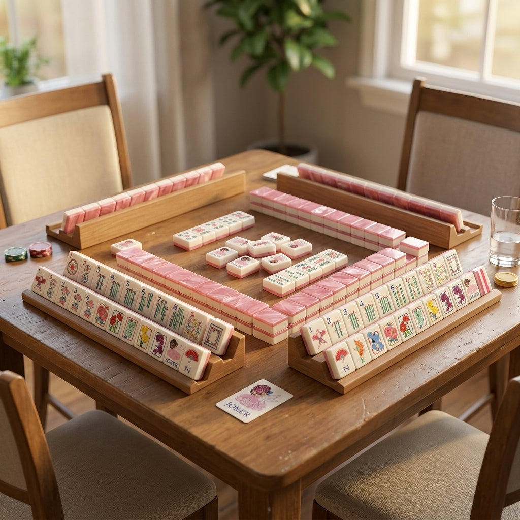 Pink floral Mahjong set arranged for a game
