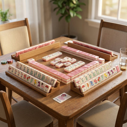 Pink floral Mahjong set arranged for a game