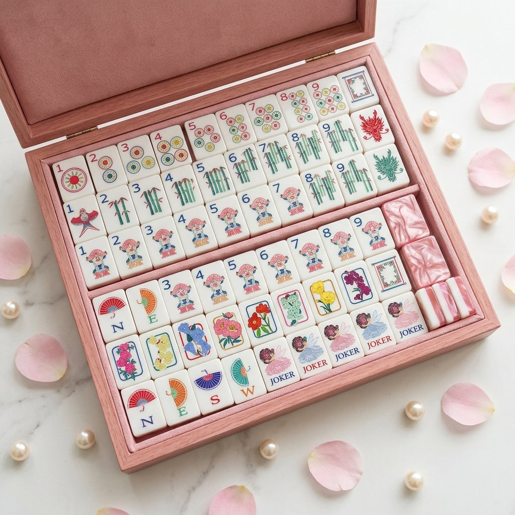 Pink floral American Mahjong set with 160 glossy tiles in its case