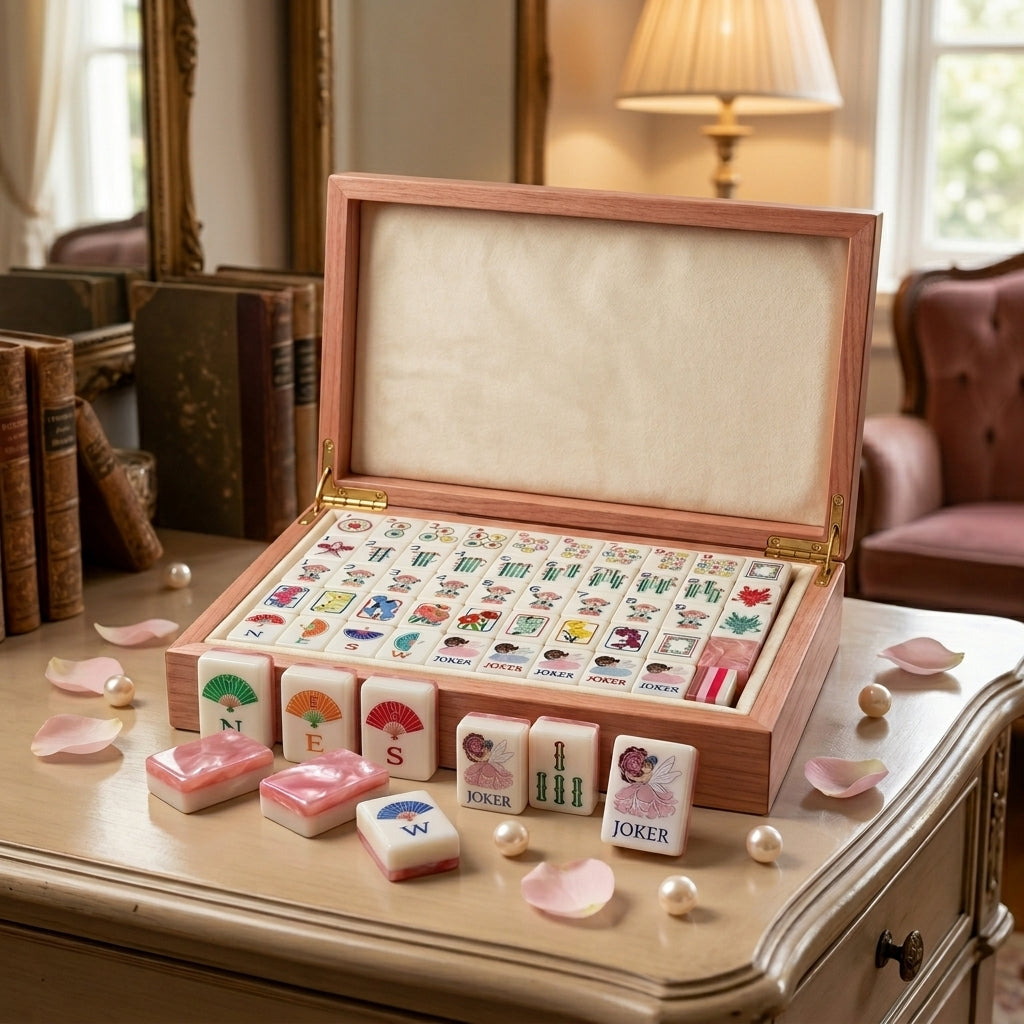 Pink floral Mahjong set displayed on a shelf as a piece of art