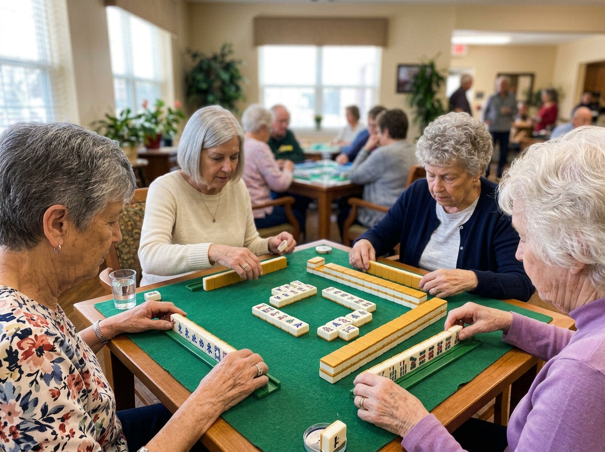 Women playing American Mahjong together on a felt mat